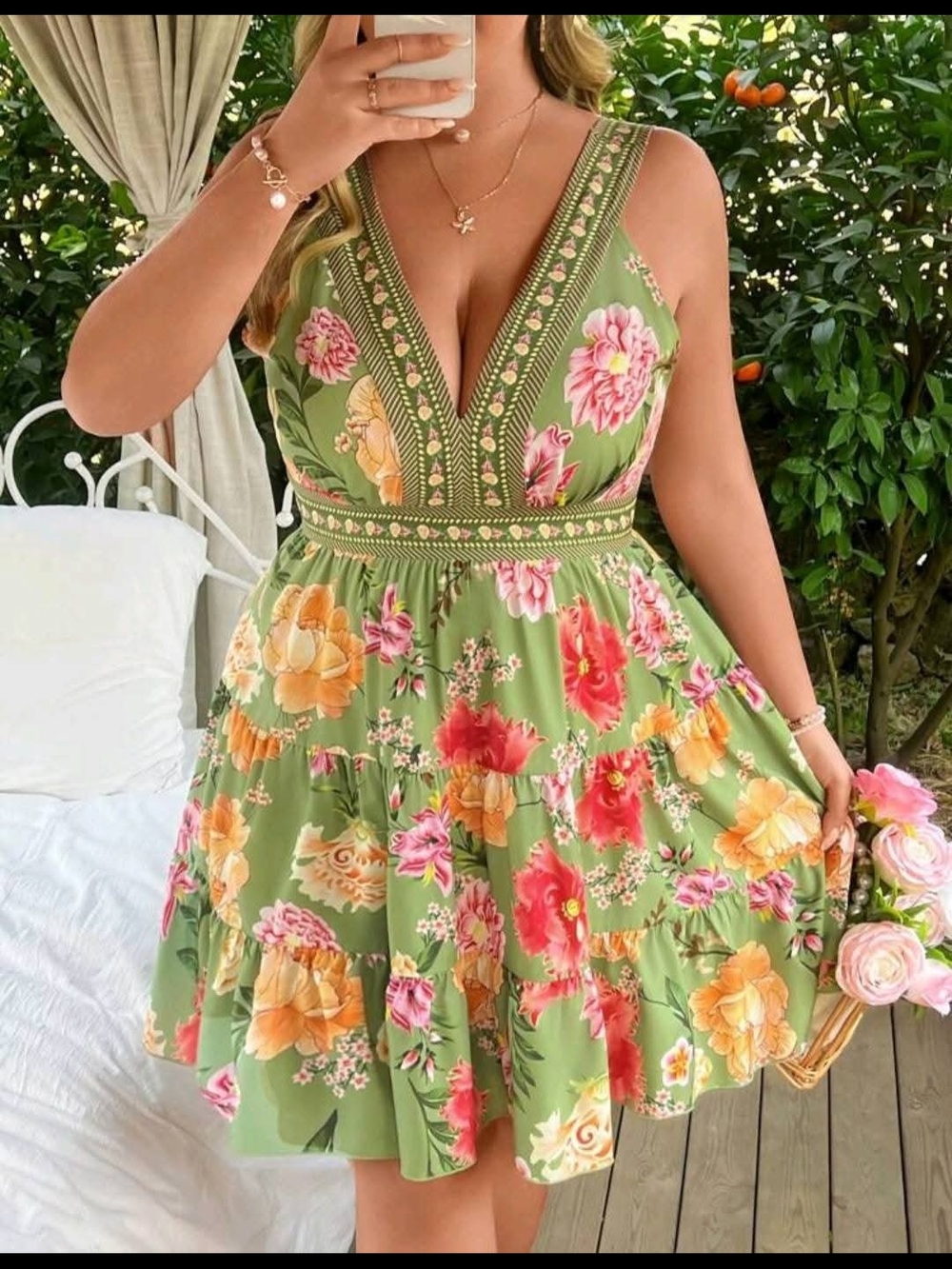 SHEIN Curve 3xl Green Floral V-Neck Mini Dress with Pink & Yellow Blooms